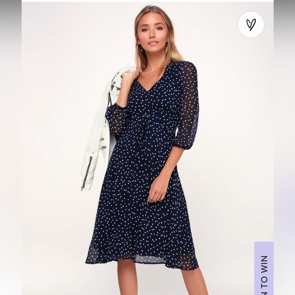 Lulu’s Elicia Navy Blue Polka Dot Long Sleeve Midi Dress - Size S - Picture 3 of 7